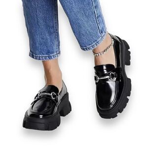 STEVE MADDEN Shoes Women’s‎ 10 Black Leather Loafer Trifecta Platform Lug sole